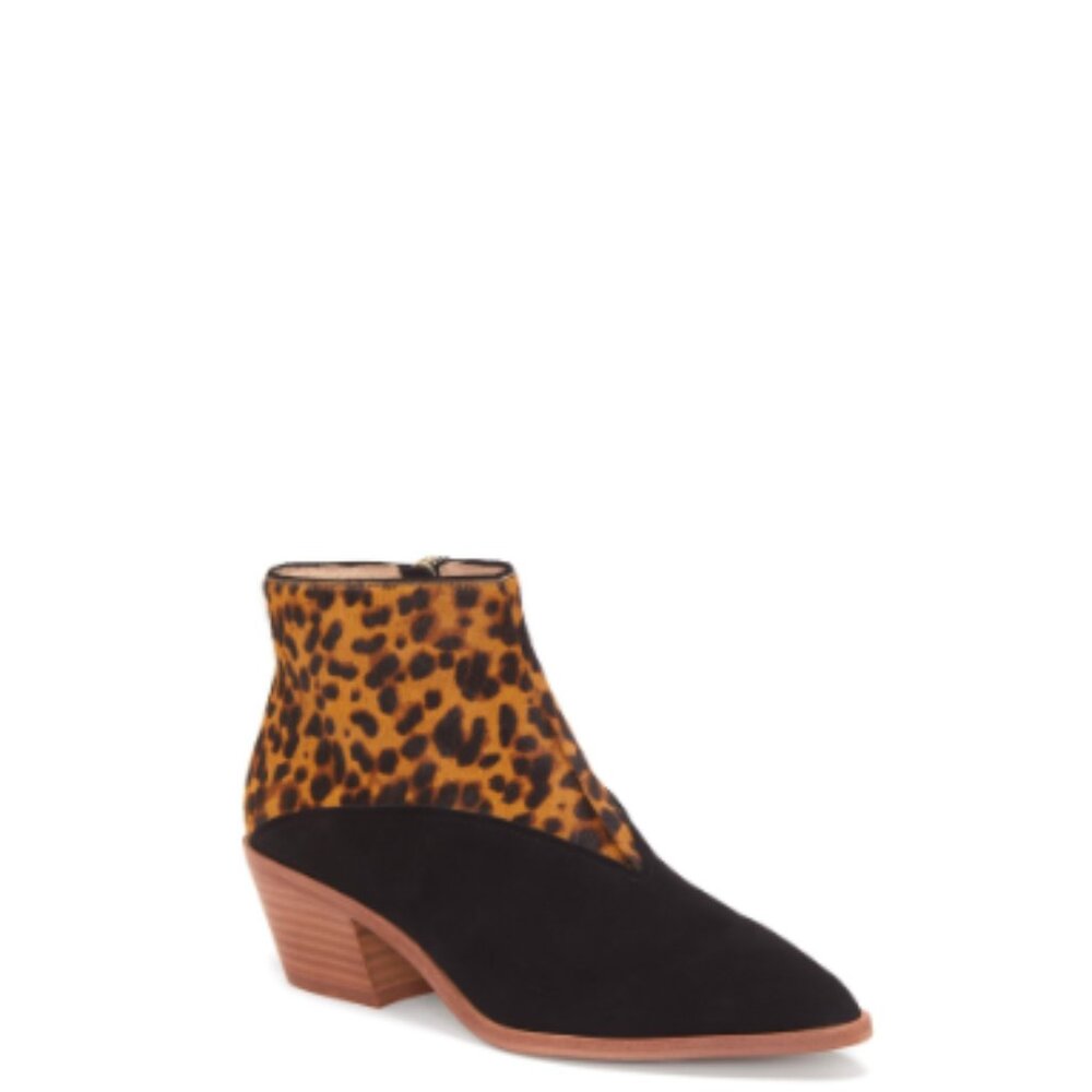 Louise Et Cie Women S VADA Exotic Pointed Toe Stacked Heel Suede Booties LEOPARD